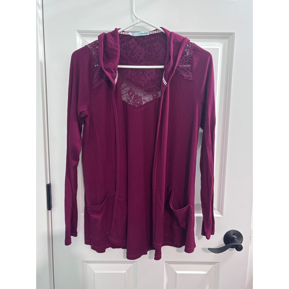 Maurices Womens Large Magenta Ribbed Knit Lace Back Hooded Open Front Cardigan